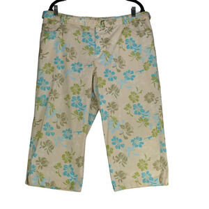 Venezia Yellow Capri Pants Floral Womens Size 18 36 x 19 Stretch Belted Pockets